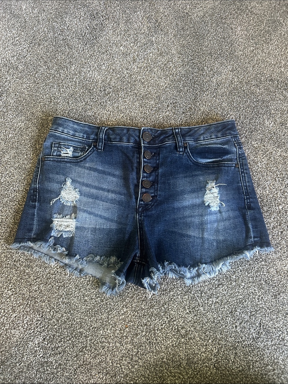 Refuge Dark Blue Distressed Denim Button-Fly Shorts 8